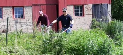 Volunteers Sten Caspersson and Vic Herson cutting weeds in front of the barn at Hawk Hill Farm