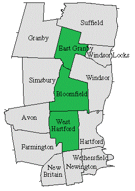 Simple map outlining East Granby, Bloomfield, and West Hartford from north to south